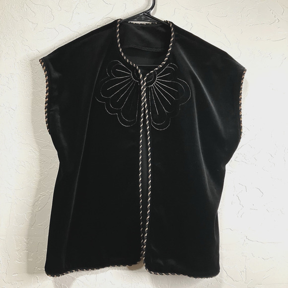 Vtg Black Velvet Vest M Metallic Sheen Rope Trim Embroidery - Picture 1 of 8